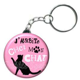 Porte-clés badge J'habite chez mon chat -Réf PC1118